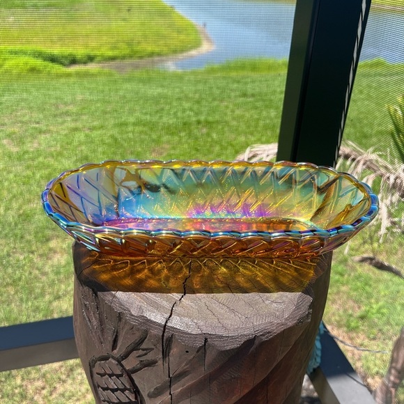 VTG Iridescent Carnival Glass Marigold Bread/ Nut Basket - Picture 4 of 12